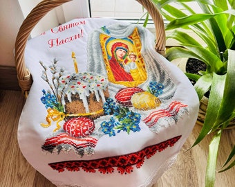 Easter Orthodox basket cover, Handmade Easter towel embroidered with beads, Beaded Easter towel for a basket, Handmade beaded basket cover