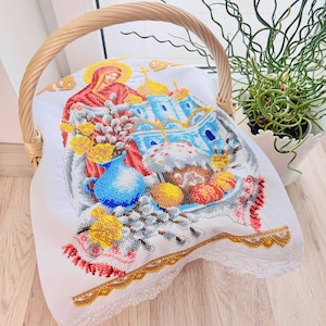 Easter Orthodox basket cover, Beautiful easter gift towel, Handmade beaded Easter basket cover, Easter Handmade napkin, Easter basket cover