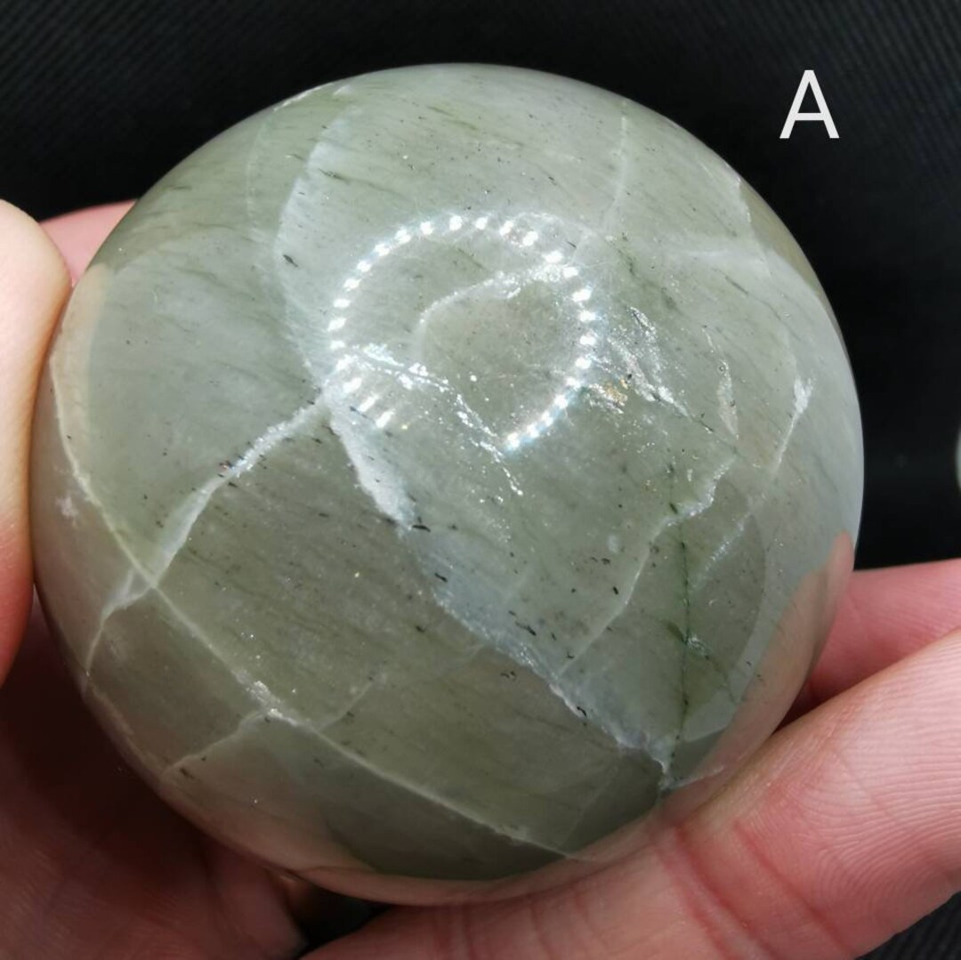 Stunning Banded Green Moonstone Sphere With Wooden Stand. Carving With ...