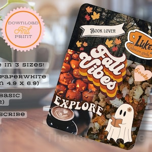 May include: A digital illustration of a Kindle e-reader screen with a fall-themed collage. The collage features pumpkins, leaves, a coffee cup, a ghost reading a book, and the text "Fall Vibes" in a retro font. The text "Book Lover" and "Luke's Gilmore Girls" are also included in the collage.