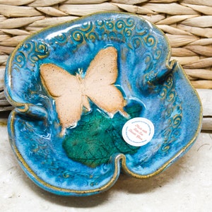 Lake Erie Beach Glass Dish with Butterfly, spoon rest, soap dish, Coastal, Home Decor, Decorative Pottery Gifts, ceramic jewelry tray