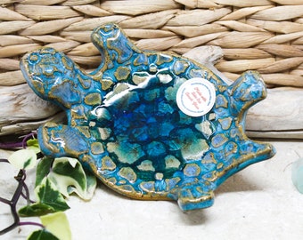 Ceramic spoon rest for kitchen, turtle with Beach Glass , Coastal Decor