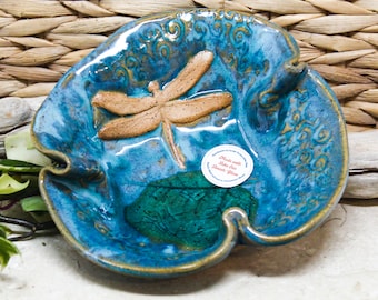 Dragonfly Ceramic Dish with Beach Glass, soap or spoon rest, Coastal Decor