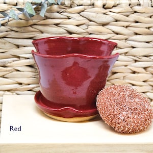 May include: Red ceramic planter with a scalloped rim and a matching saucer. The planter is sitting on a light wood surface.