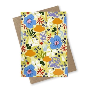 Tarjeta de felicitación de primavera, tarjeta floral botánica abstracta A6, cumpleaños, tarjeta reciclada colorida, floral, flores, verde, amarillo, azul