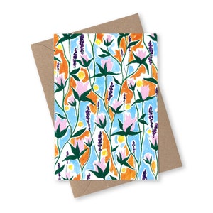 Rosenknospen und Lavendel Grußkarte, florale Malerei abstrakte A6 Notecard, Frühling, Sommer, bunte recycelte Karte