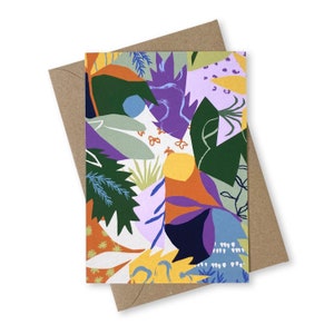 Cartão de cumprimentos de urtigas, cartão botânico A6 abstrato, primavera, verão, cartão reciclado colorido