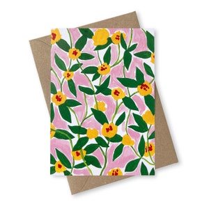 Biglietto d'auguri con pittura floreale rosa, biglietto per appunti astratto A6, primavera, estate, biglietto riciclato colorato