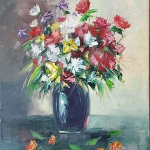 Flower, palette knife oil painting on stretched canvas 100% handpainted by artist Anwer Esttaifan