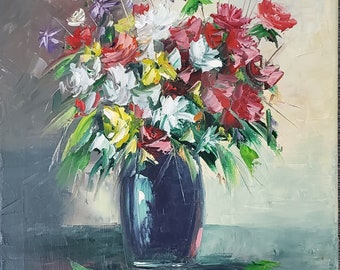 Flower, palette knife oil painting on stretched canvas 100% handpainted by artist Anwer Esttaifan