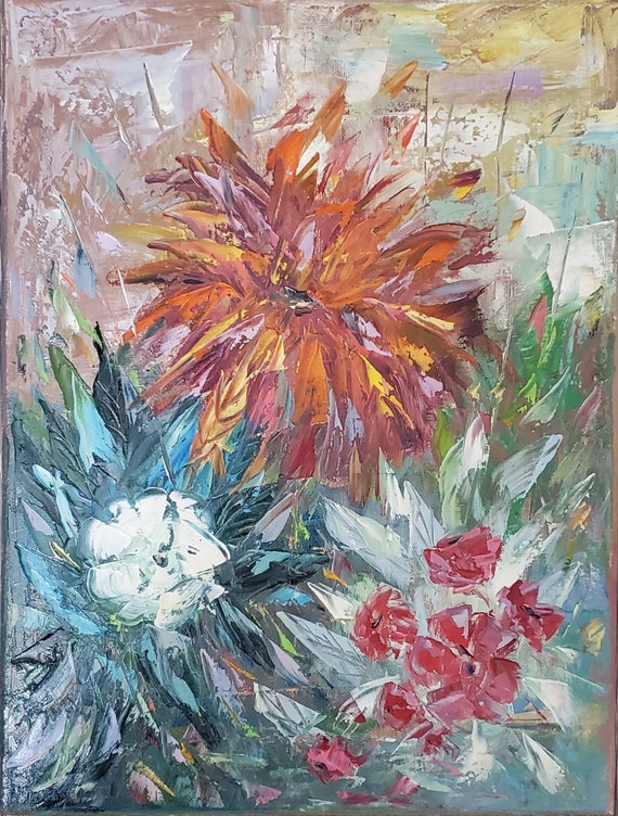 Flower Palette Knife Oil Painting on Stretched Canvas 100% | Etsy