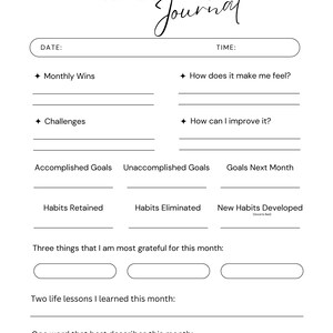 Puede incluir: Un diario de reflexión mensual imprimible en blanco y negro con secciones para victorias, desafíos, objetivos, hábitos, gratitud, lecciones de vida y una escala de calificación.