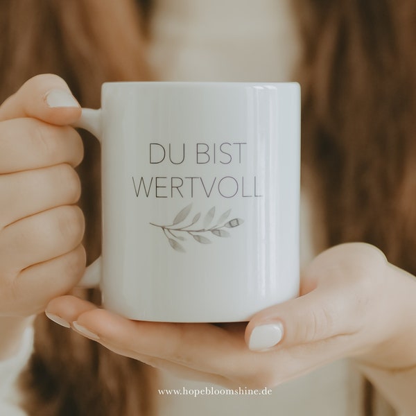 christliche Tasse DU BIST WERTVOLL Muttertags Geschenk Blumentasse Aquarellblatt christliche Kaffeetasse christliches Geschenk Mama