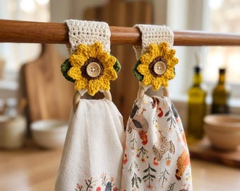 Crochet Sunflower Towel Hanger - Wooden Button Towel Holder for Kitchen or Bath