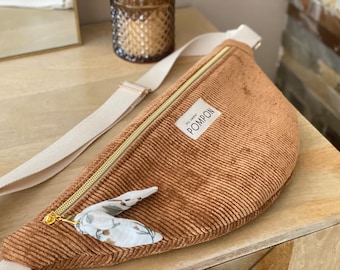 Sac banane femme velours camel et double gaze écru