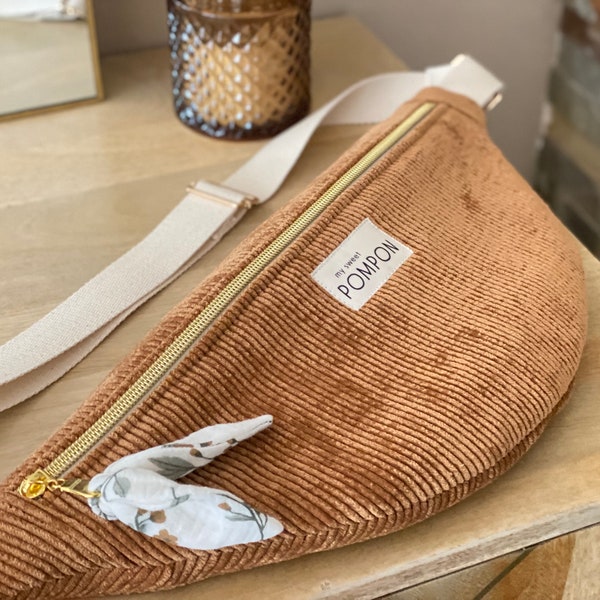 Sac banane femme velours camel et double gaze écru