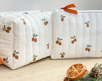 Trousse de toilette pour sac à langer double gaze motifs oranges clémentines Collection Andrea