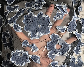 Sheer fabrics Summer fabrics By the meter Black mesh with denim floral Evening gown fabrics