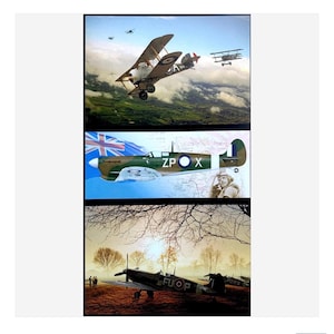 May include: A triptych of vintage aviation art. The top panel features a biplane in flight against a blue sky. The middle panel shows a green and brown fighter plane with a map and a pilot. The bottom panel depicts a plane on a grassy field.