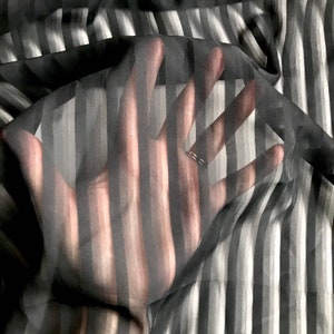 May include: Black and white striped sheer fabric with a hand reaching through it.