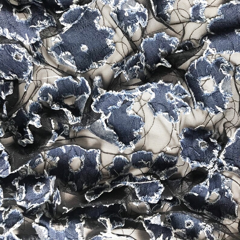 Sheer fabrics Summer fabrics By the meter Black mesh with denim floral Evening gown fabrics