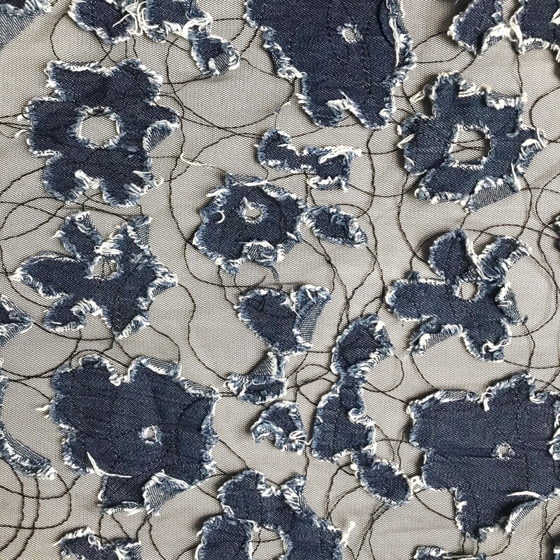 Sheer fabrics Summer fabrics By the meter Black mesh with denim floral Evening gown fabrics
