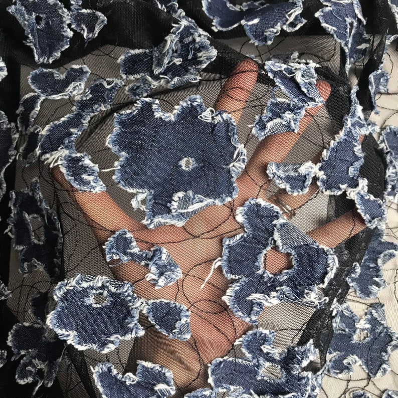 Sheer fabrics Summer fabrics By the meter Black mesh with denim floral Evening gown fabrics