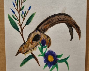 Ram skull and wild flowers gouache painting original art A4