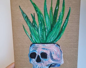 Aloe Vera Skull gouache painting on Cardboard 9 1/2" x 15"