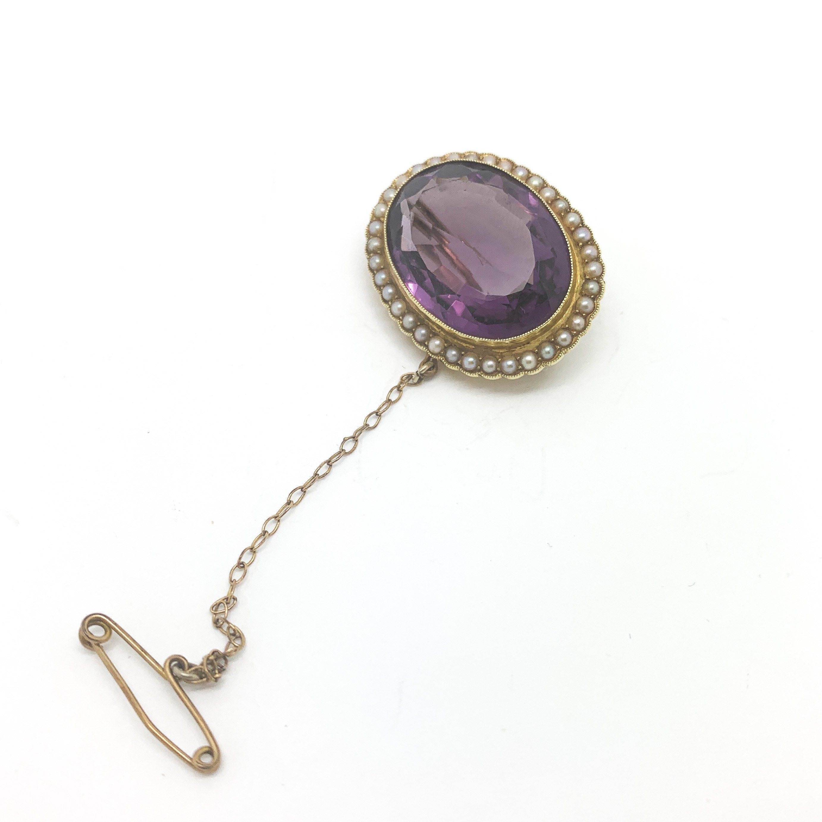 Broche Victorienne Ancienne Avec Perles Et Améthystes - XIXème Siècle - Contient Des Cheveux - Occasion