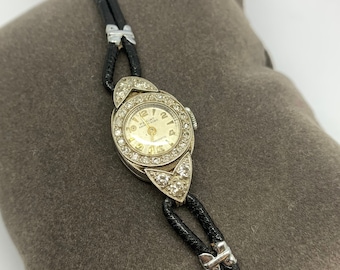 Vintage Platin und Diamant Lederband Armbanduhr