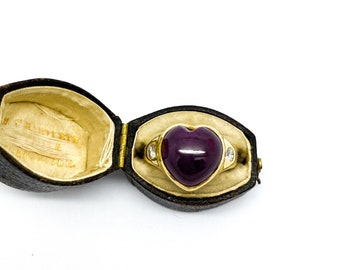 Vintage 1980’s Heart Shaped Cabochon Ruby and Diamond Ring in Gold