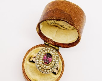 Antique Georgian Early Victorian Seed Pearl & Almadine Garnet Rare 15ct Gold Ring