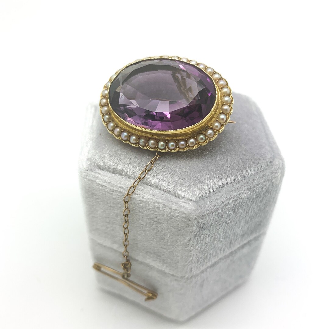 Broche Victorienne Ancienne Avec Perles Et Améthystes - XIXème Siècle - Contient Des Cheveux - Occasion