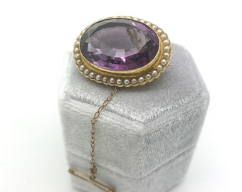 Antique Victorian Amethyst & Seed Pearl Brooch in 15ct Gold