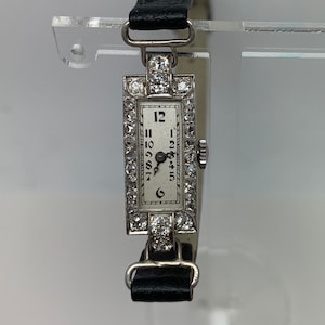 Antique Platinum and Diamond Watch circa Art Deco set on leather strap