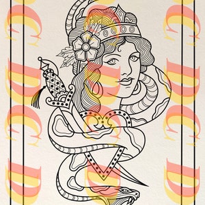 May include: A black and white line drawing of a woman with a crown and a snake wrapped around her. The snake is biting a heart with a dagger through it.