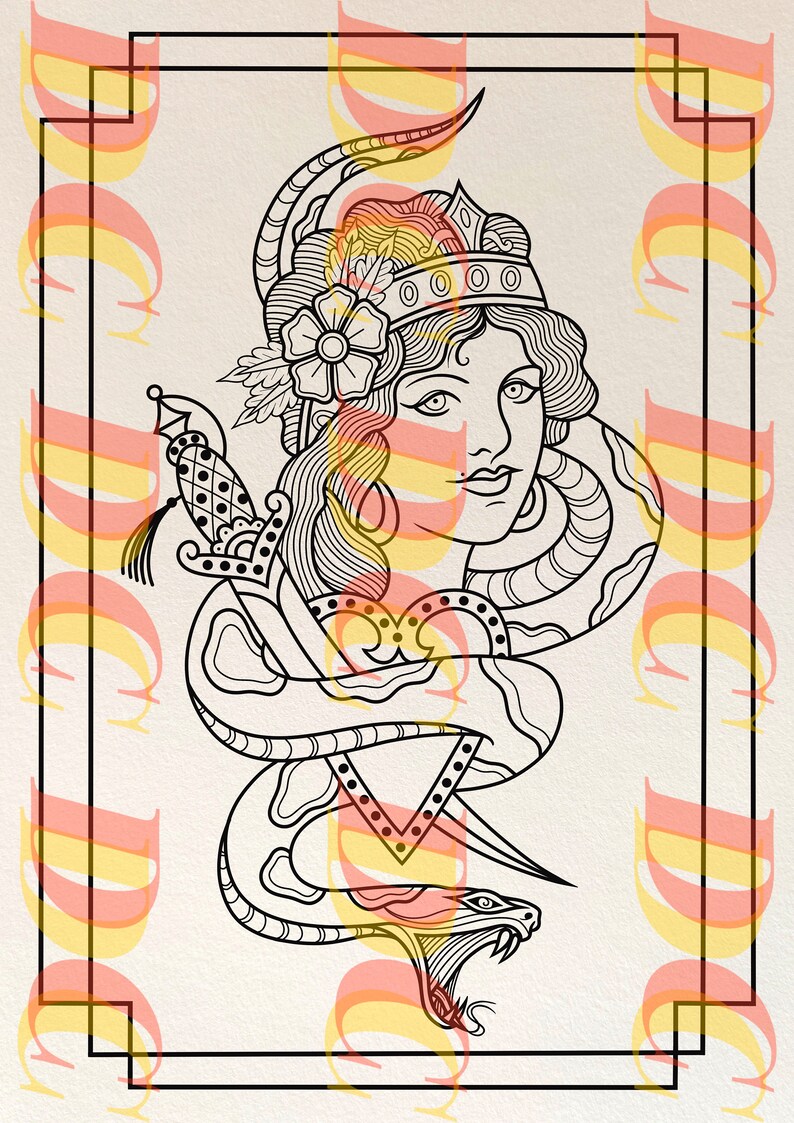 May include: A black and white line drawing of a woman with a crown and a snake wrapped around her. The snake is biting a heart with a dagger through it.
