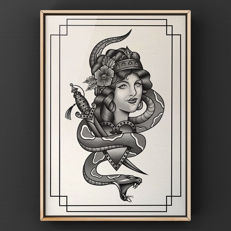 May include: Black and white illustration of a woman with a crown and a snake wrapped around her neck and a dagger. The snake is biting the dagger. The woman has a flower in her hair.