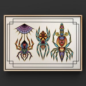 May include: A framed print featuring three colorful spider illustrations. The spiders are depicted in a traditional tattoo style with vibrant colors and intricate details. The print is set against a white background with a black frame.