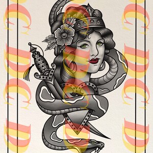 May include: A black and white illustration of a woman with a crown and a snake wrapped around her. The snake is holding a dagger that is piercing a heart.