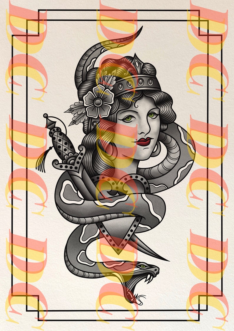 May include: A black and white illustration of a woman with a crown and a snake wrapped around her. The snake is holding a dagger that is piercing a heart.