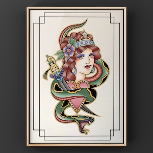 Traditionelles Tattoo Print Lady Schlange Herzmesser A3 A4