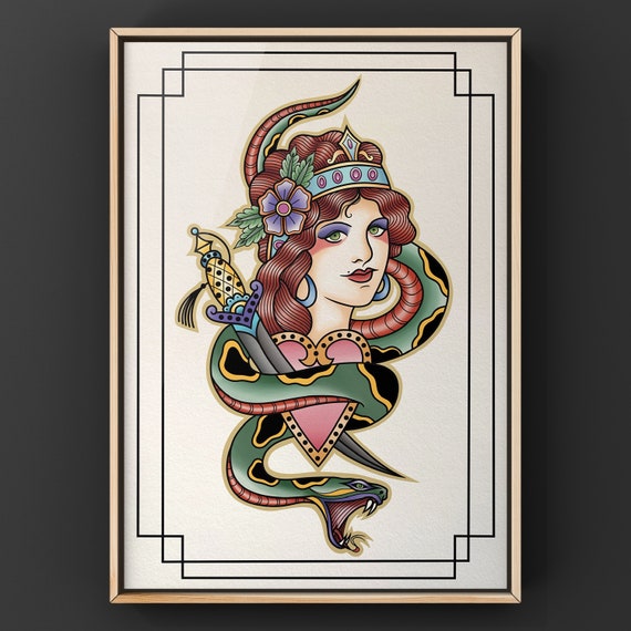 Traditional Tattoo Print Lady Snake Knife Heart A3 A4