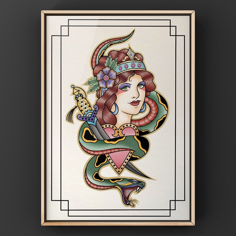 May include: A colorful illustration of a woman with a crown and a snake wrapped around her neck. She is holding a dagger and a heart. The image is in a traditional tattoo style.
