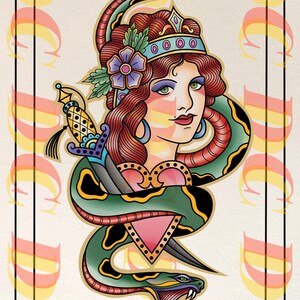 May include: A traditional tattoo style illustration of a woman with a crown, a flower in her hair, and a snake wrapped around her. The snake is biting a heart that is pierced by a dagger.