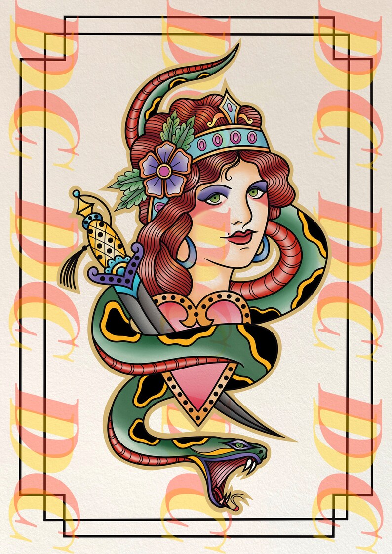 May include: A traditional tattoo style illustration of a woman with a crown, a flower in her hair, and a snake wrapped around her. The snake is biting a heart that is pierced by a dagger.