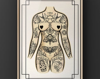 Traditional Tattoo Print Tattooed Lady Bodysuit A3 A4