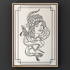 May include: Black and white line art illustration of a woman with a crown and a snake wrapped around her. The woman is holding a dagger in her hand. The image is in a traditional tattoo style.