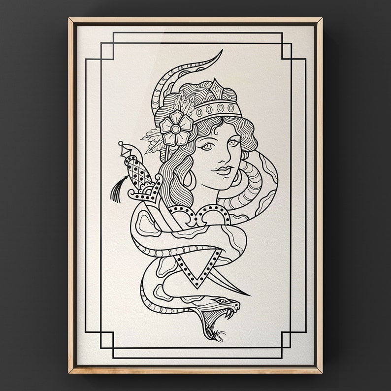 May include: Black and white line art illustration of a woman with a crown and a snake wrapped around her. The woman is holding a dagger in her hand. The image is in a traditional tattoo style.